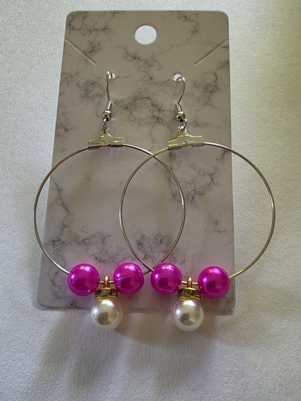 Women's Silver Hoop Earrings with Pink and White Beads